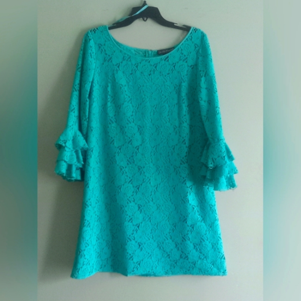 Jessica Howard Teal Sheath Dress with Ruffled Bell Sleeves